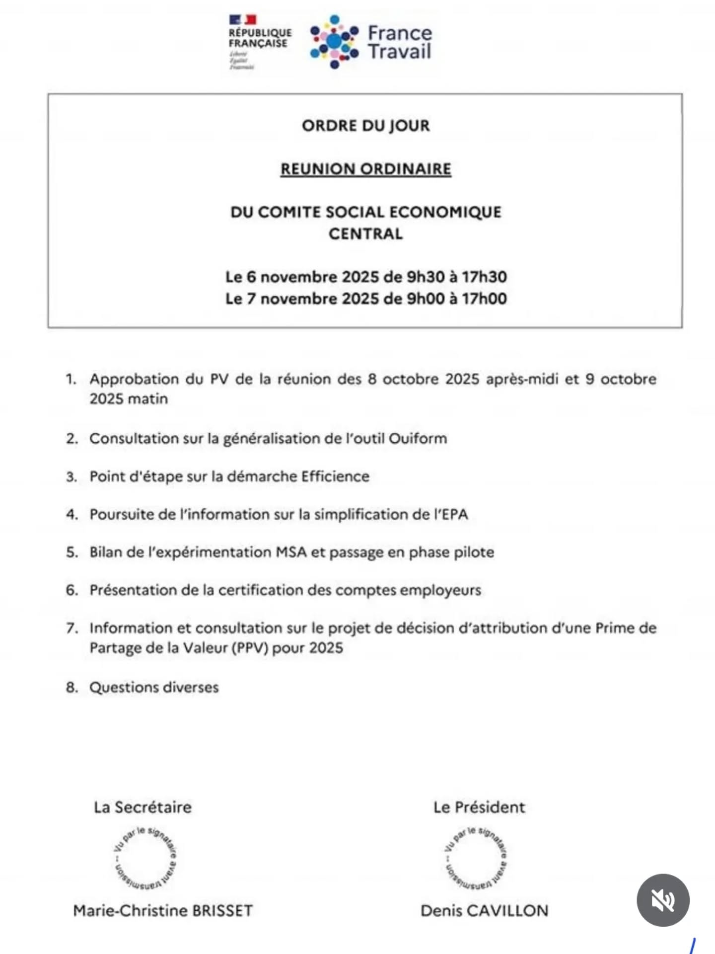 Comité Social Economique Central à France Travail en novembre 2025