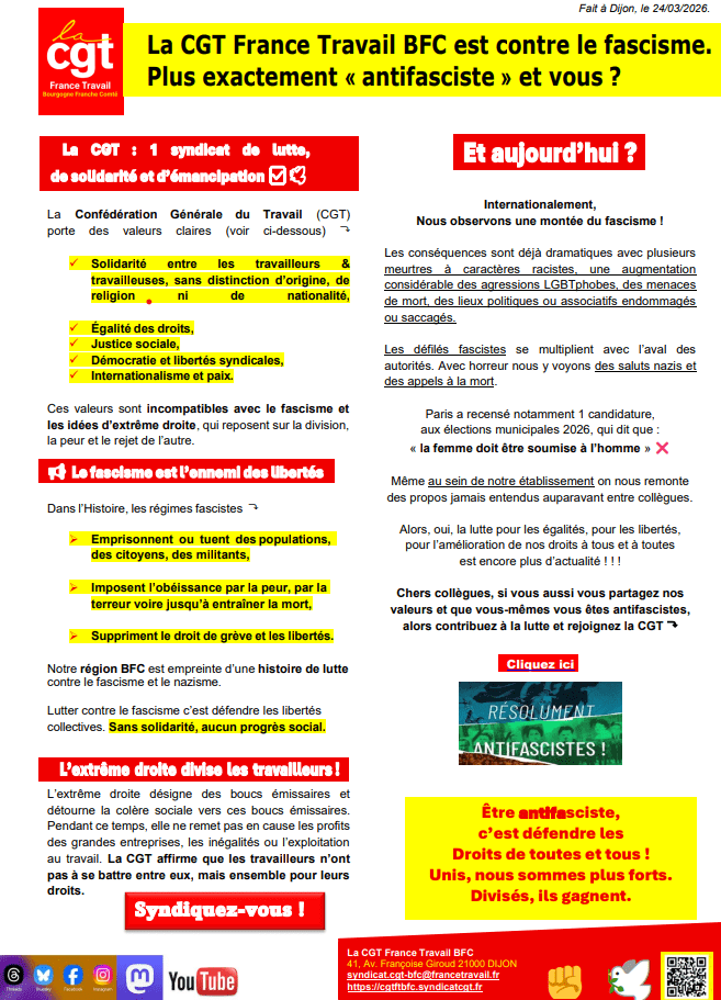 Tract du syndicat régional de la CGT France Travail BFC : pourquoi la CGT est-elle antifasciste ?