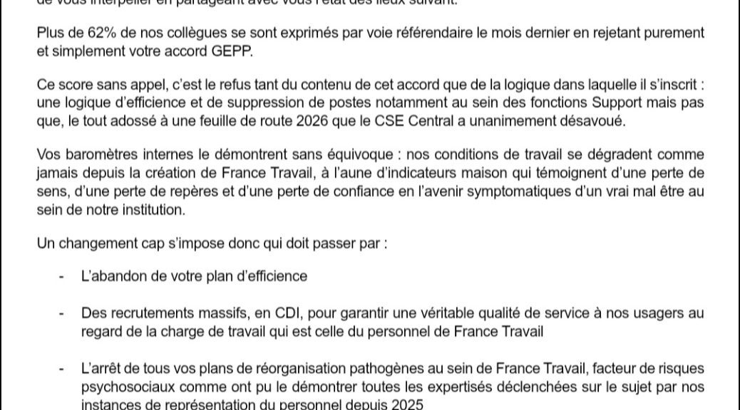 La lettre intersyndicale au Directeur Général de France Travail